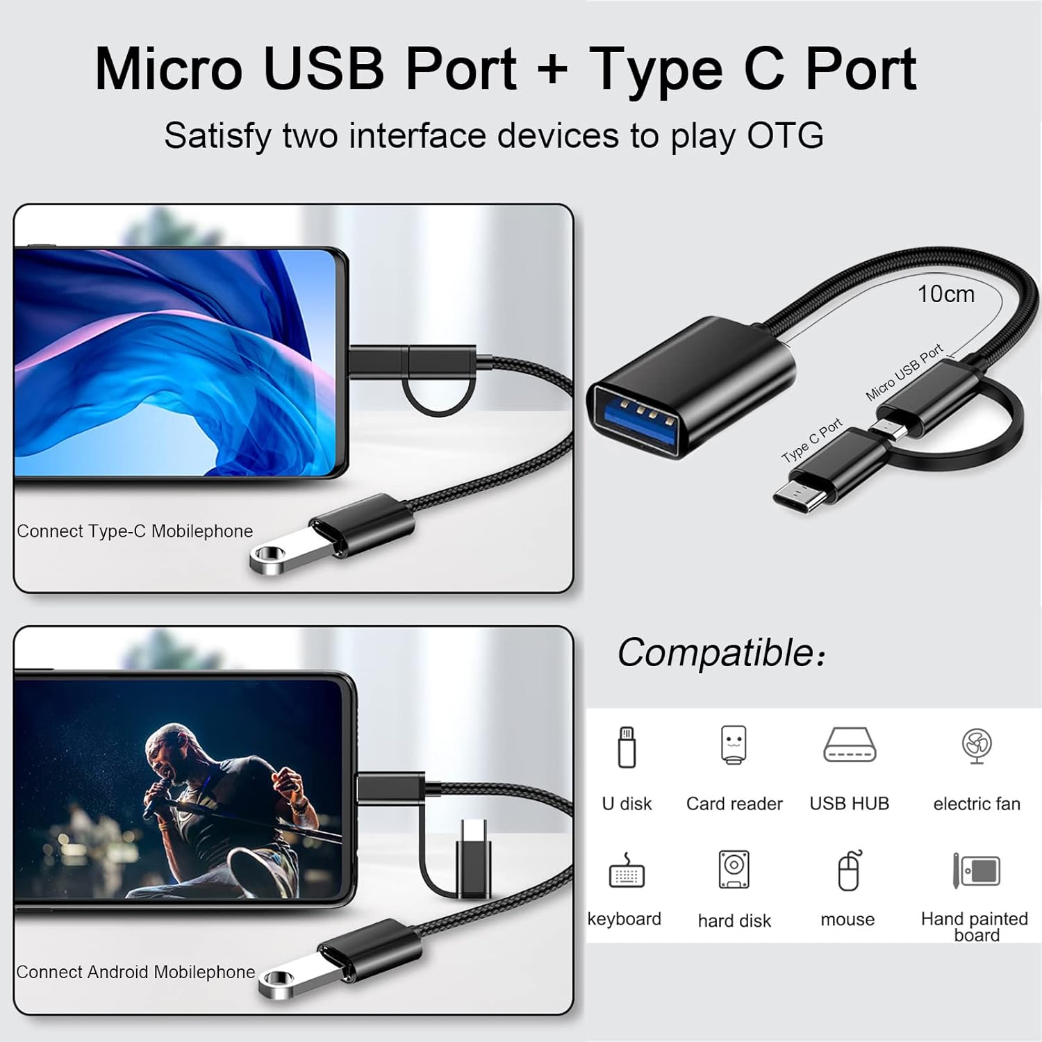 2-in-1 USB C/Micro to USB Adapter, OTG Adapter Cable