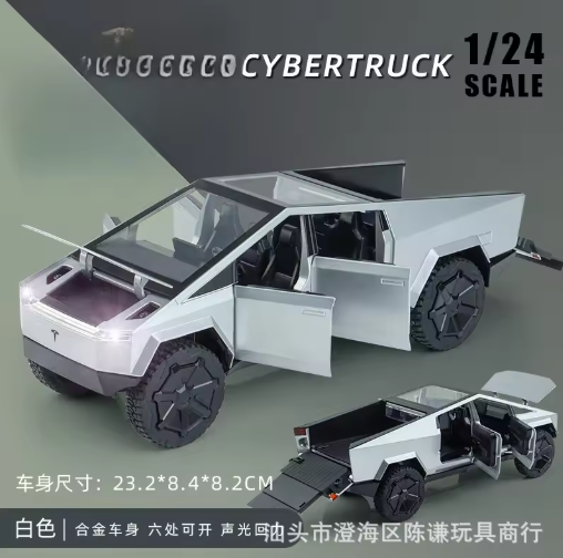 1:24 Scale Tesla Cybertruck Pickup Diecast Model Car – Alloy Metal Body, Pull Back, Openable Doors, Lights & Sound