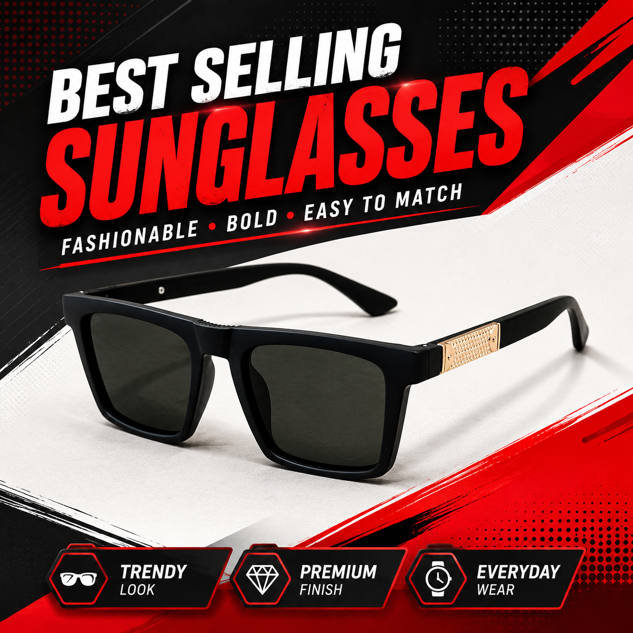 Premium Square Frame Sunglasses for Men | Matte Black Fashion Eyewear with Gold Side Detail | Stylish UV Protection Glasses | Trendy Casual & Driving Shades