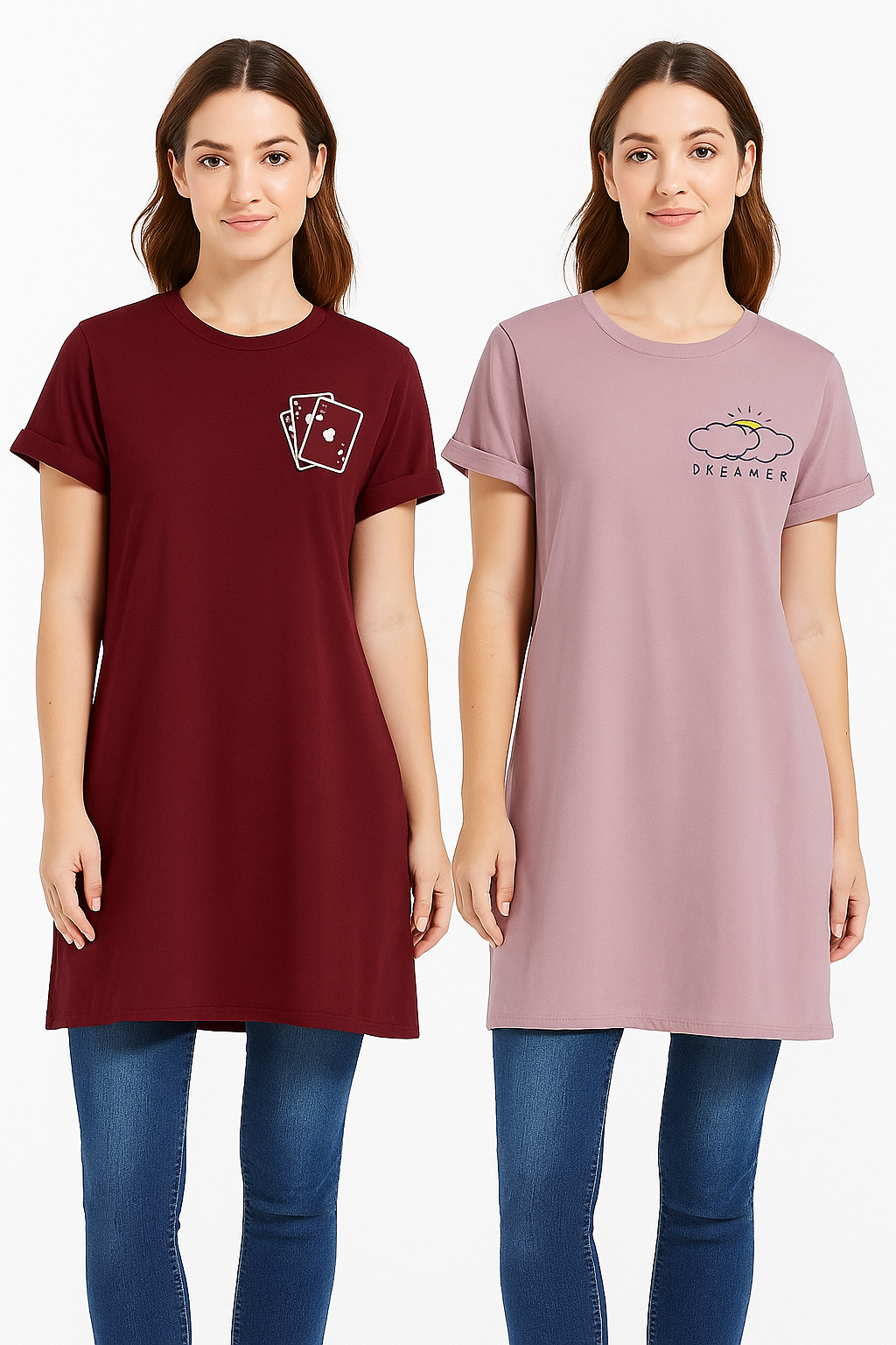 Aua N Co Pack Of Two Long Printed T Shirts For Women And Girls Comfortable Casual Everyday Basic Tops