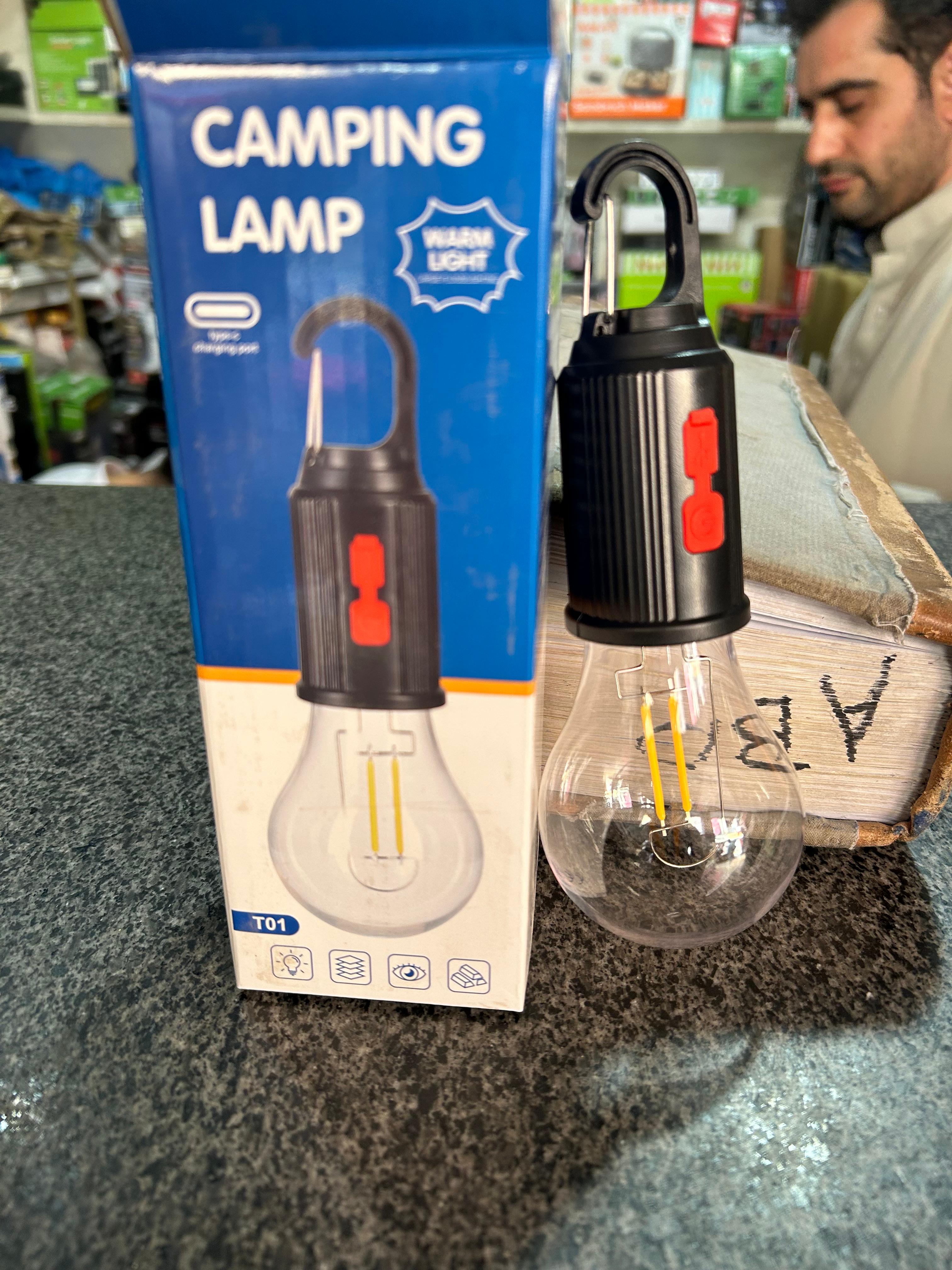Portable LED Camping Lamp with Hook – USB Rechargeable Warm Light Emergency Bulb for Outdoor, Hiking & Home Backup
