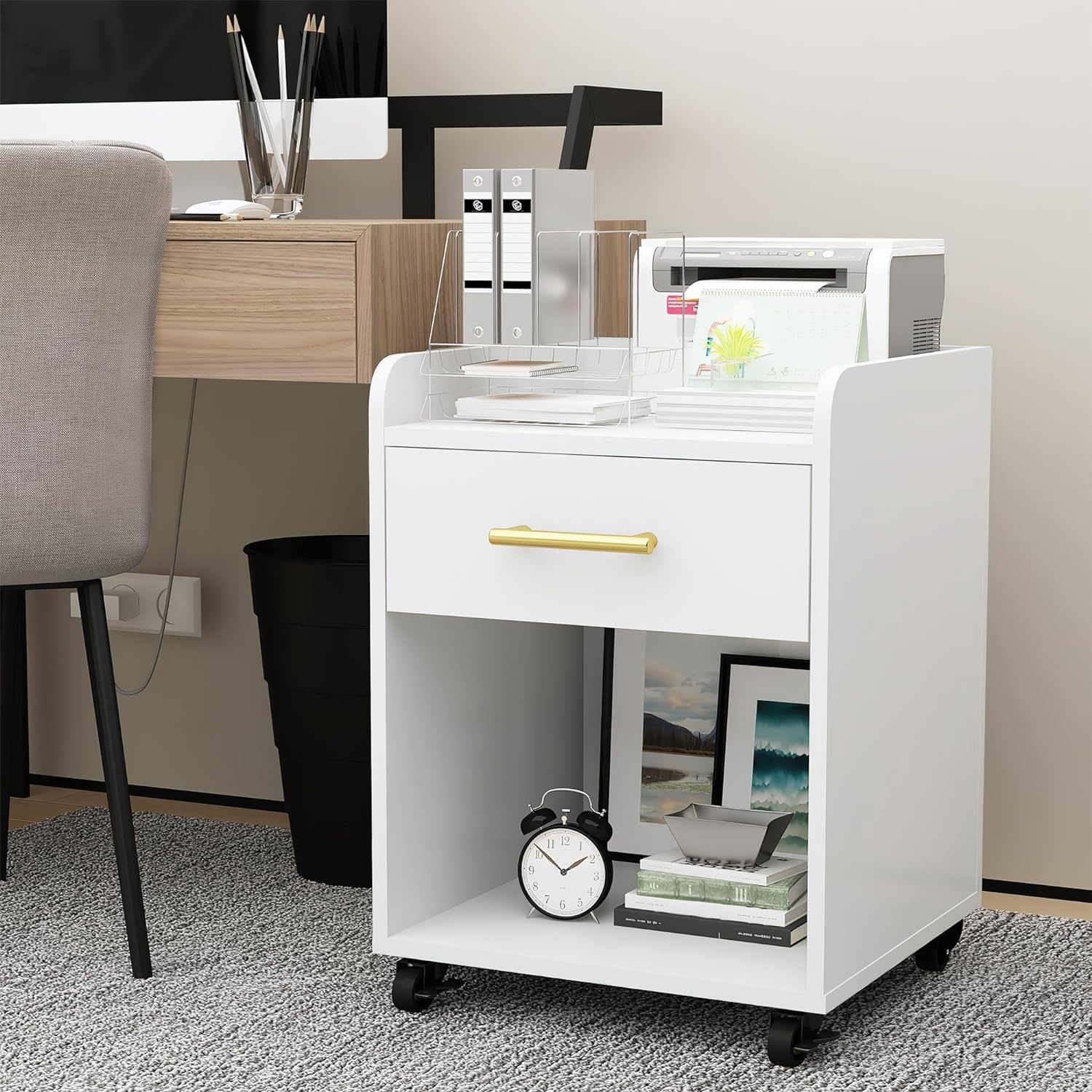 Bedside Table Rolling Printer Stand with Open Storage Shelf & Wheels, 1