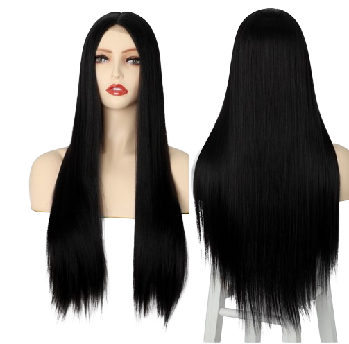 Full head wig for girls & women's natural Black color - WITH FREE PINK HAIR FLOWER