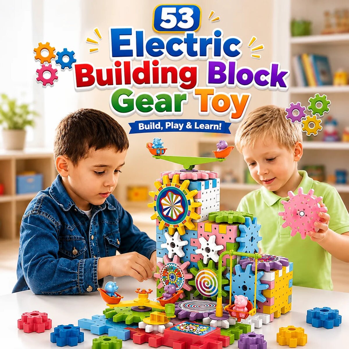 Electric Building Block Gear Toy Set DIY Plastic Brick Toys Colourful Building Block Large Particle Electric Gear Rotating Assembly Block Children Early Education Puzzle Fun Learning Blocks Gifts for Birthday