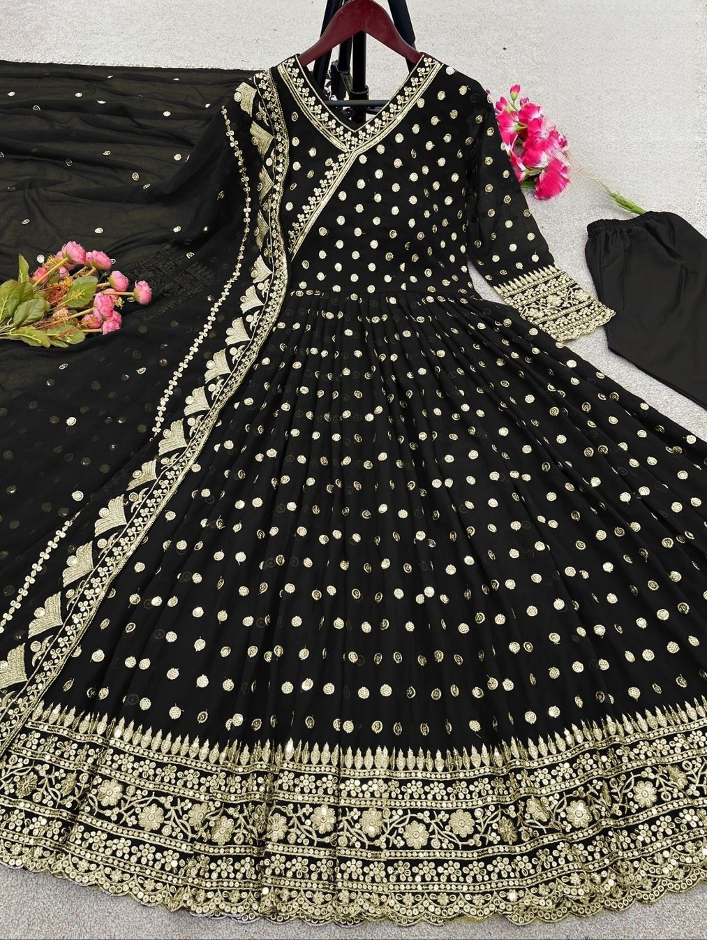 Embroidered Dress -- Stitched Heavy Embroidery Long Maxi -- Chiffon Dresses -- Border And Neck Embroidery Handwork Long Maxi -- Ful Emb Dupatta 3Pcs -- Women & Girls