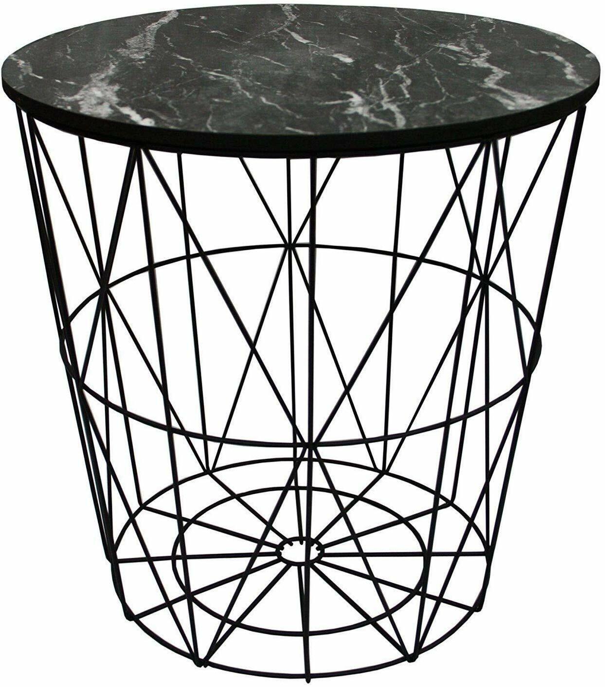 METAL WIRE REMOVABLE WOOD TOP FOLDABLE ROUND COFFEE SIDE TABLE STORAGE BASKET( 16 L 16 W 18.5 H )