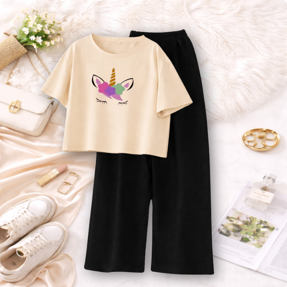 MK Garments - Stylish Unicorn Printed Comfortable 2 Piece Dress Casual Wear for Girls and Women Crop T-Shirt with Palazzo Trouser price in Pakistan
