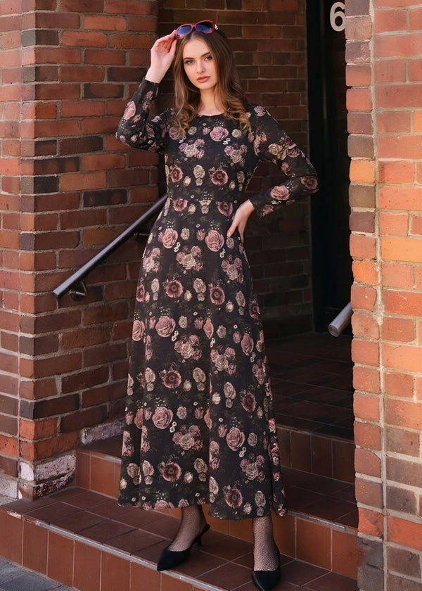 Black Floral Printed Linen A-Line Maxi Dress Regular Fit Long Casual Dress for Women
