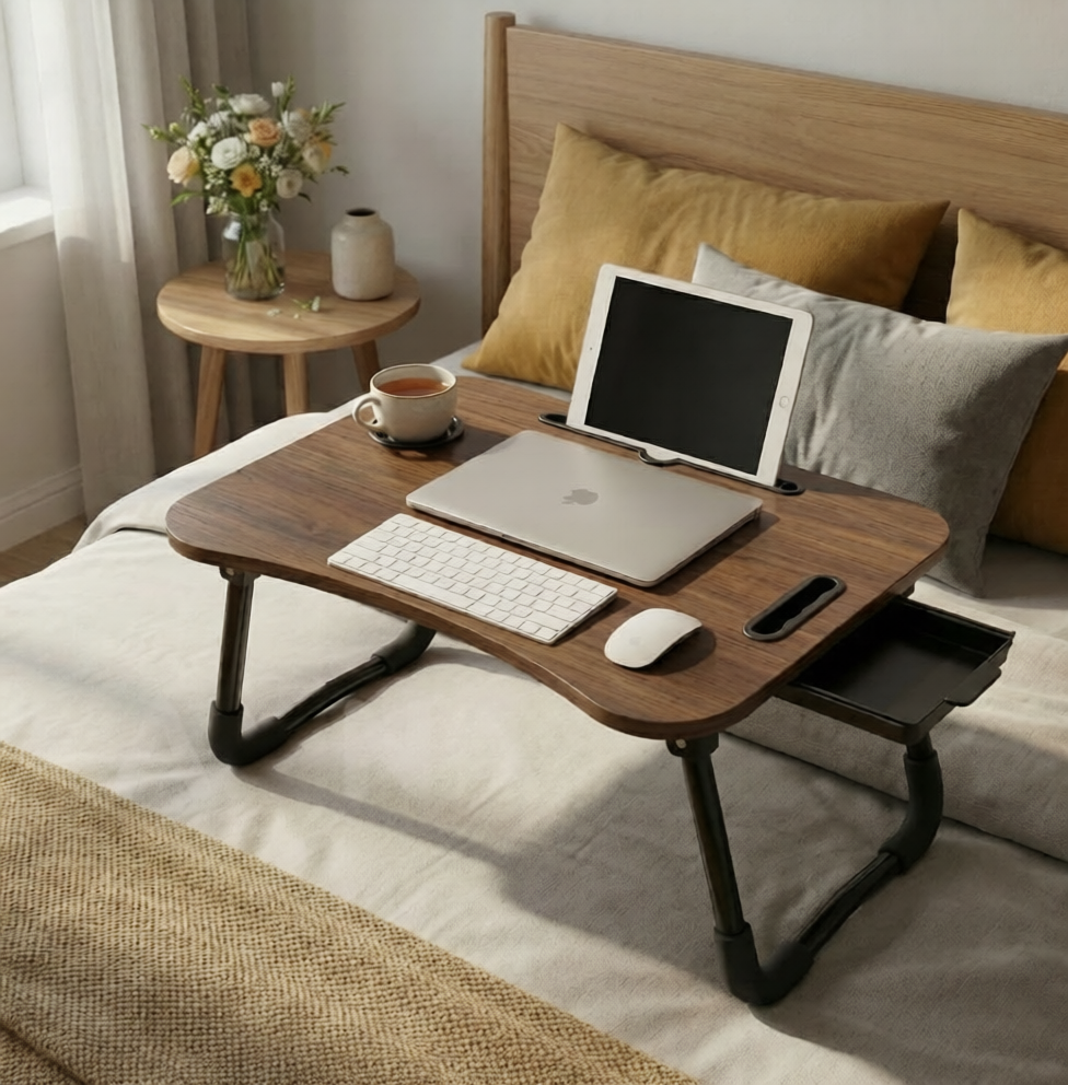 New Metal Legs Folden Ergonomic & portable Gaming Table bed table, sofa table, floor table, eating table, study table with drawer (for pen , glasses & Usb's) , cup holder , notebook stand multipurpose wooden laptop stand