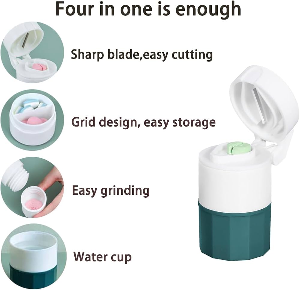 Multifunctional 4 In 1 Portable Round Pill Splitter and Cutter with Powder Crusher | Travel-Friendly Daily Tablet Organizer for Medicine Storage | Compact Design for Easy Carrying | Ideal for Home, Office, and Travel Use | Durable and Convenient Pill Box
