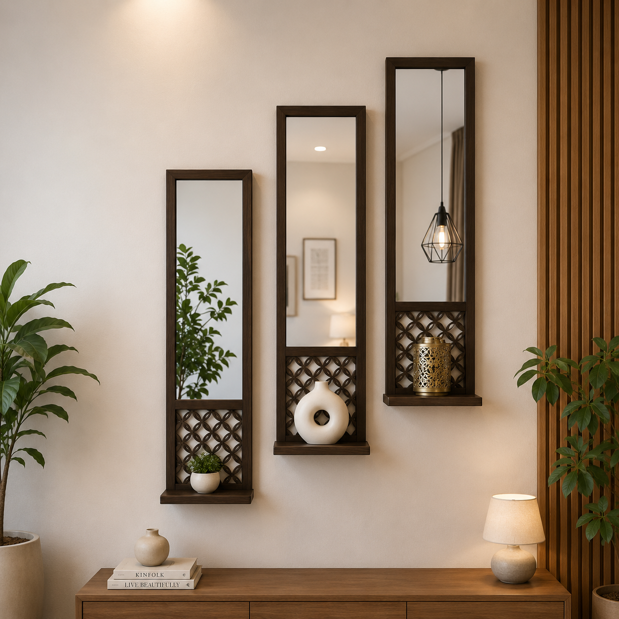 Wooden Wall Mirror with Display Shelf | Pack of 1, 2 & 3 | Decorative Wall Mounted Mirror for Home & Office