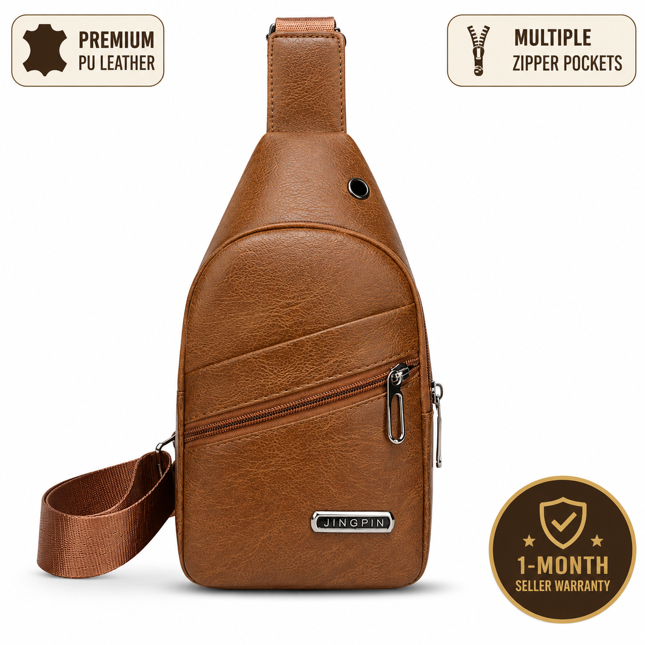 Men's PU Leather Crossbody Sling Bag | Casual Chest Shoulder Travel Messenger Bag | Multiple Zipper Pockets | Adjustable Strap | Brown & Black