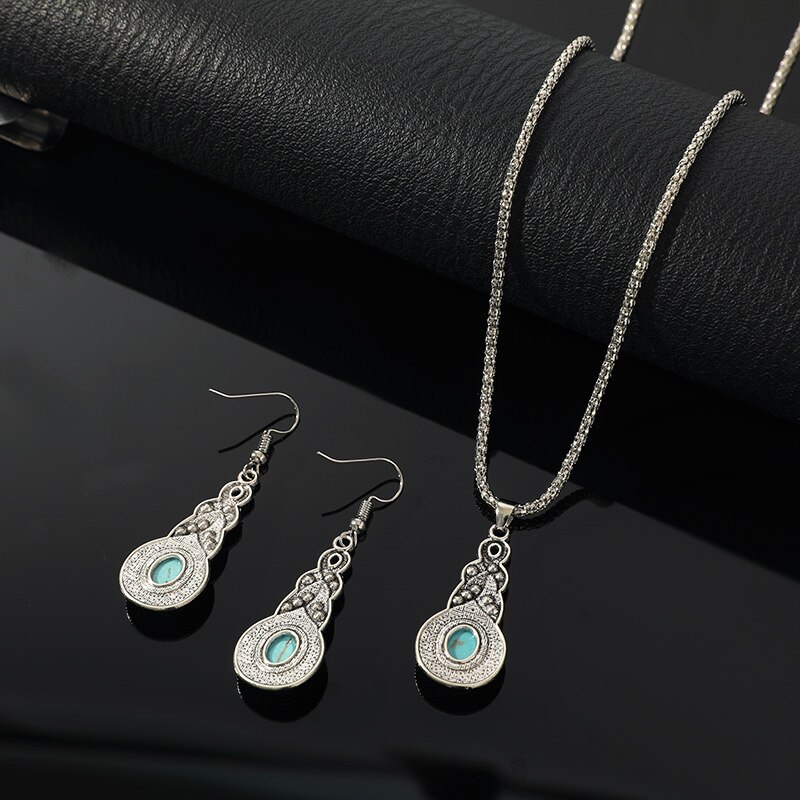 3PCS Vintage Turquoise Jewelry Set | Blue Crystal Pendant Necklace & Earrings for Men Women | Antique Silver Lantern Chain | Gift Jewelry | Daraz Pakistan