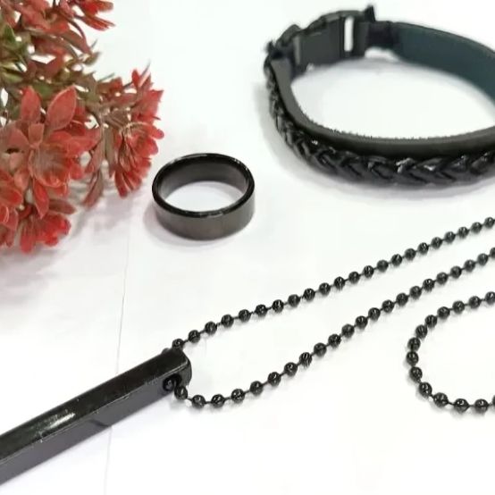 Triple Premium Combo Deal | 3 Pieces 3D Bar Stainless steel Necklace With Stainless Steel Titanium Ring And Black Comfortable Braid Bracelets For Men And Boys | Special Lockets set Gift For Men
