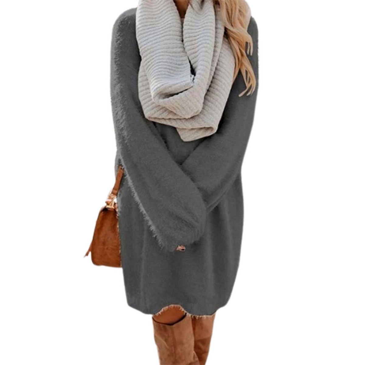 Sweater Dress Round Neck Loose Solid 