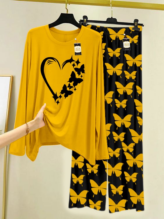 WOMEN Heart Printed Nightwear Set With Black Butterfly Printed Trousers – Women's Lounge Wear (007)