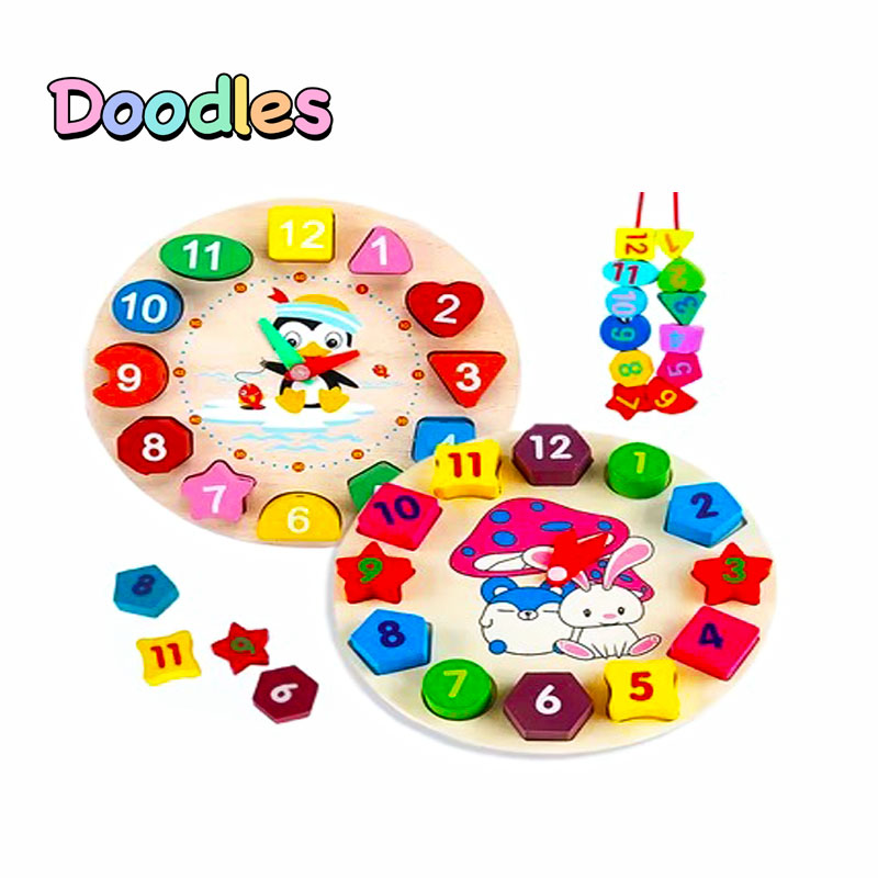 Doodles Best Selling High Quality Montessori Inspired Wooden Clock Educational Toy for Kids - Enhances Cognitive Development & Hand-Eye Coordination in Children Aged 3-6 Years