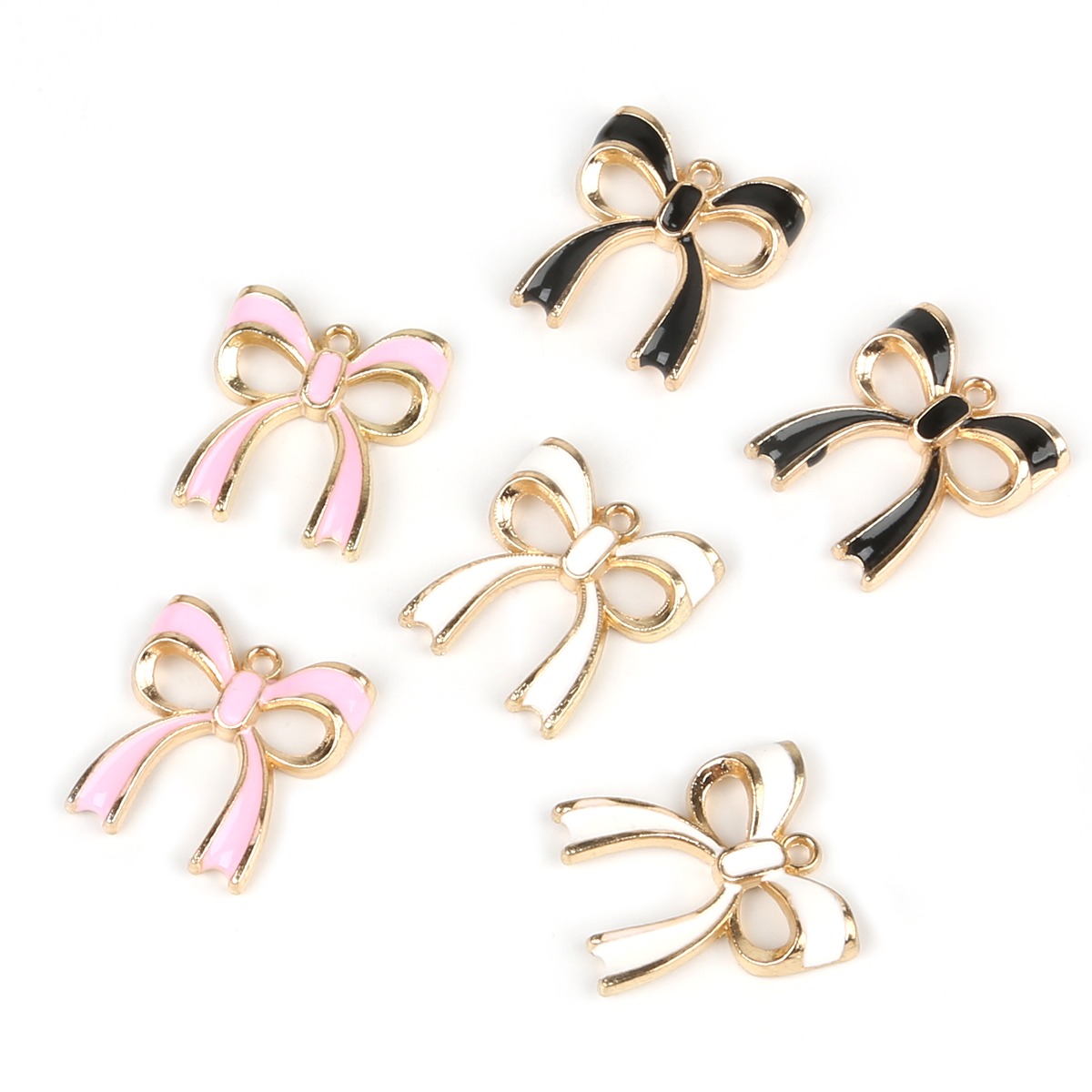 10Pcs Enamel Alloy Bow Charms – Pink/White/Black Pendant for DIY Jewelry Making, Bracelets & Necklaces