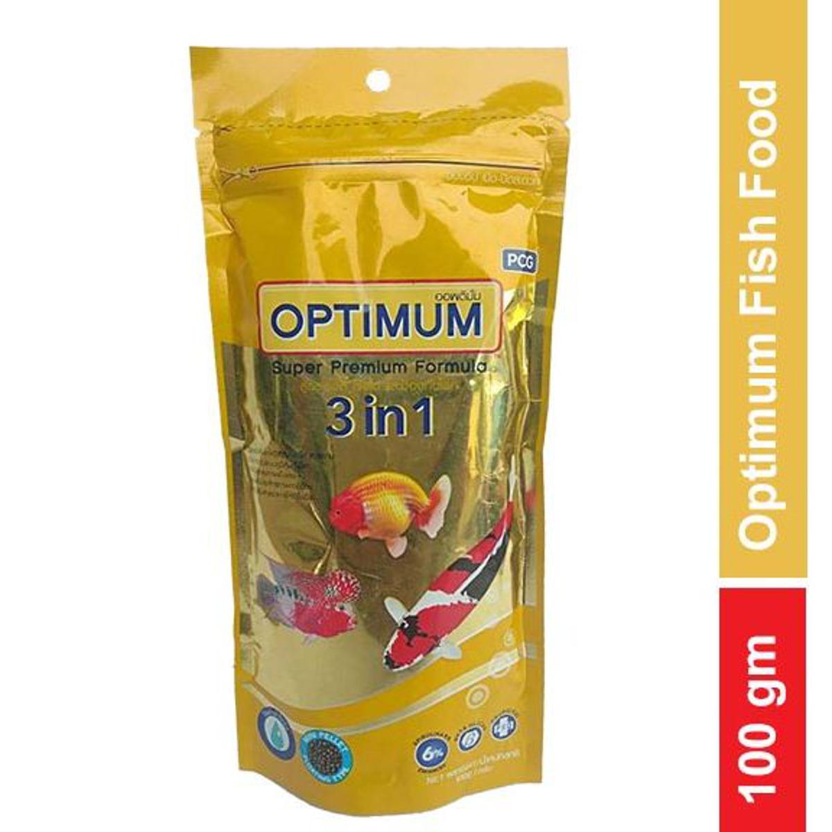 OPTIMUM 3 IN 1 SUPER PREMIUM HIGHLY NUTRITIOUS FISH FOOD FOR ALL FISHES 100 GRAM