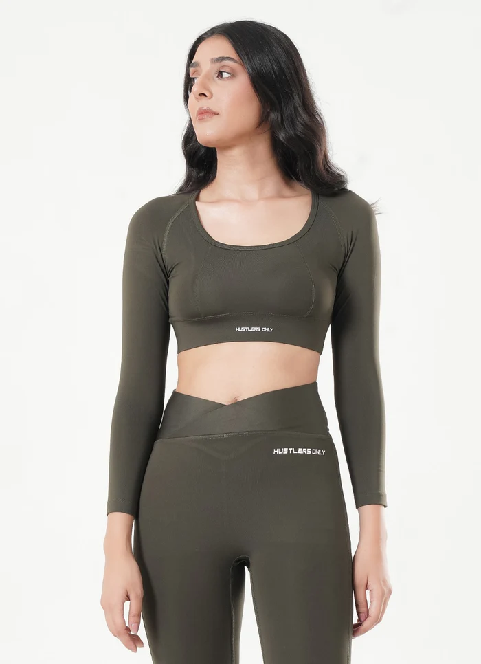 Cross Top - Olive - Women's Open Back Workout Crop Tops Full Sleeve Yoga Shirts Cute Athletic Running Casual Top Slim Fit, tops for girls, tops for girls stylish, tops
