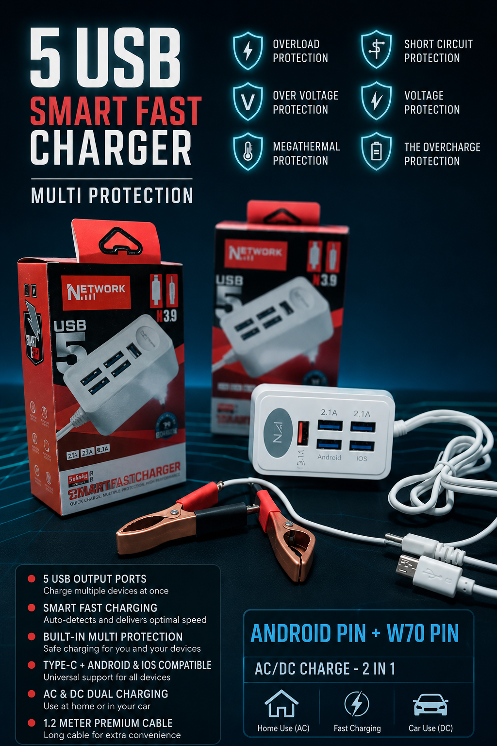 5 USB Smart Fast Charger with Android & Small Pin Cable | 3.9A Fast Charging Adapter | AC/DC Dual Charging | Multi Protection