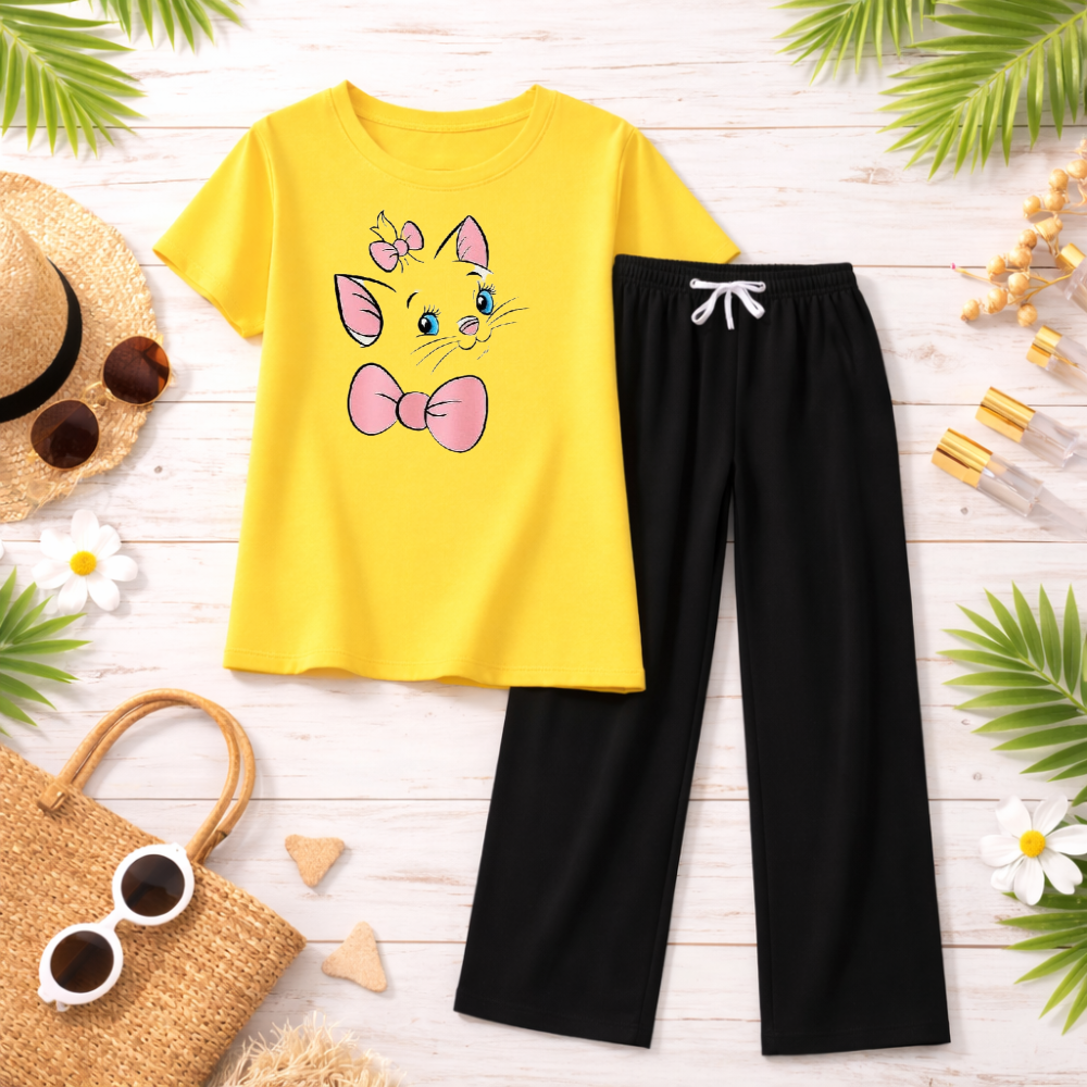 MK Garments - Cute Cat Bow Printed Girls 2 Pcs Set Soft Jersey Half Sleeves T-Shirt & Black Trouser Comfortable Sleepwear Nightwear Casual Home Wear for Girls