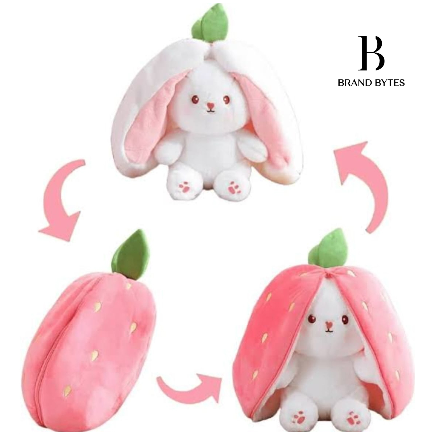 Brand Bytes Reversible Strawberry Bunny Plush Toys, Rabbit Soft Toys with Zipper Cute Plushies Gift for Child Boys, Girls & Kids