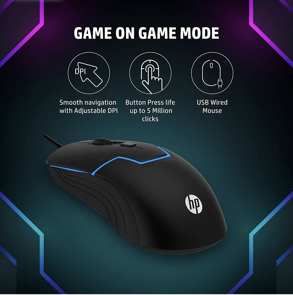 HP M100S Wired USB Gaming Mouse, Optical, RGB, Ergonomic, DPI up to 3200