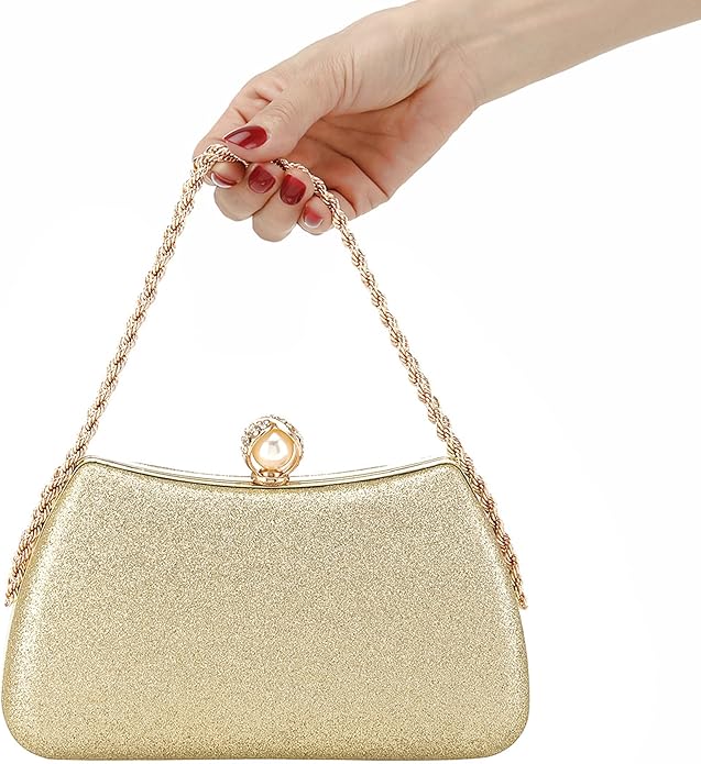 Glitter Evening Clutch Bag for Women – Fancy Bridal Purse with Pearl Clasp & Detachable Chain  Elegant Wedding & Party Handbag for Girls  Luxury Metal Frame Clutch