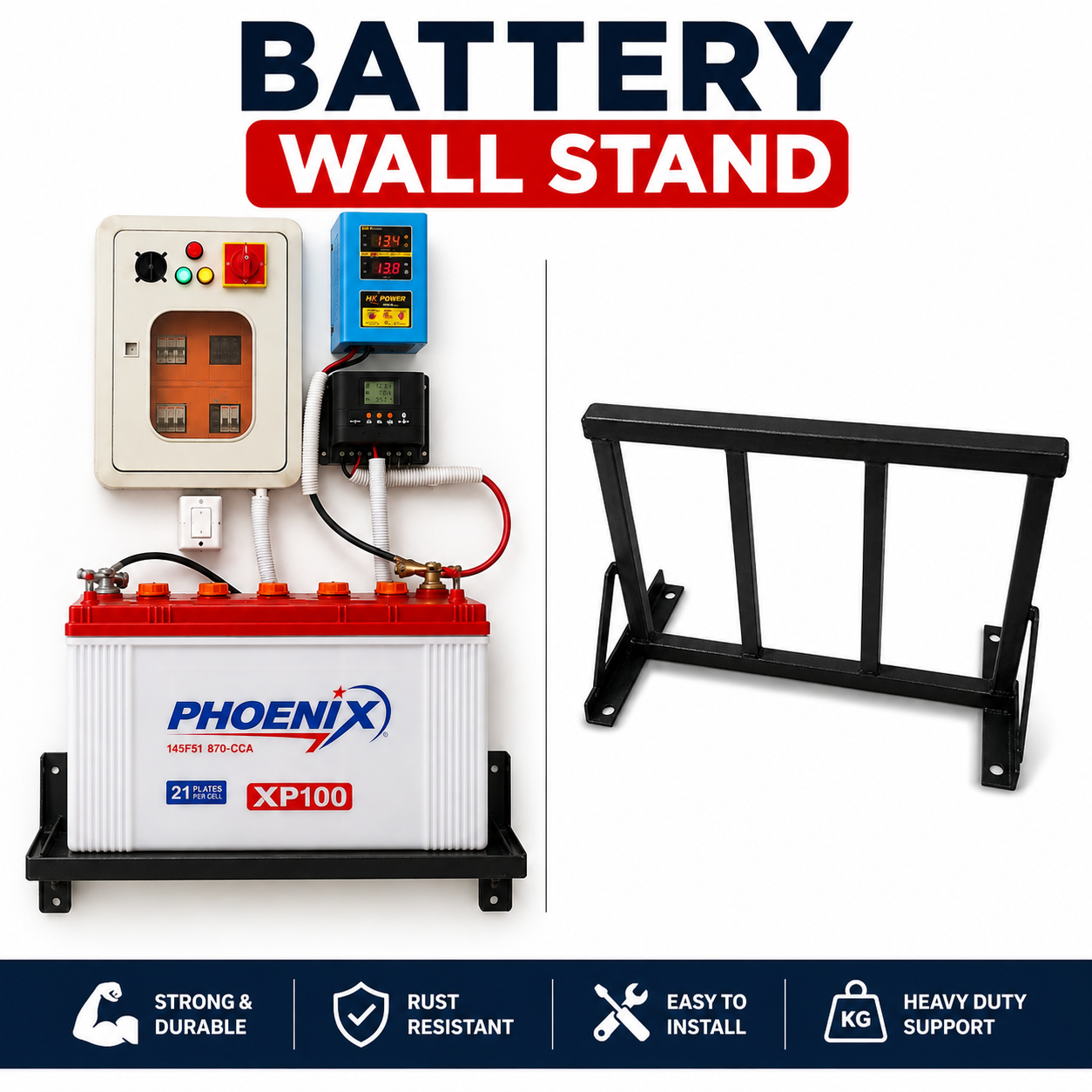Heavy Duty Battery Wall Stand | Wall Mount Battery Holder | For 50Ah to 120Ah UPS & Solar Batteries | MS Steel | 4 Rawal Bolts Included