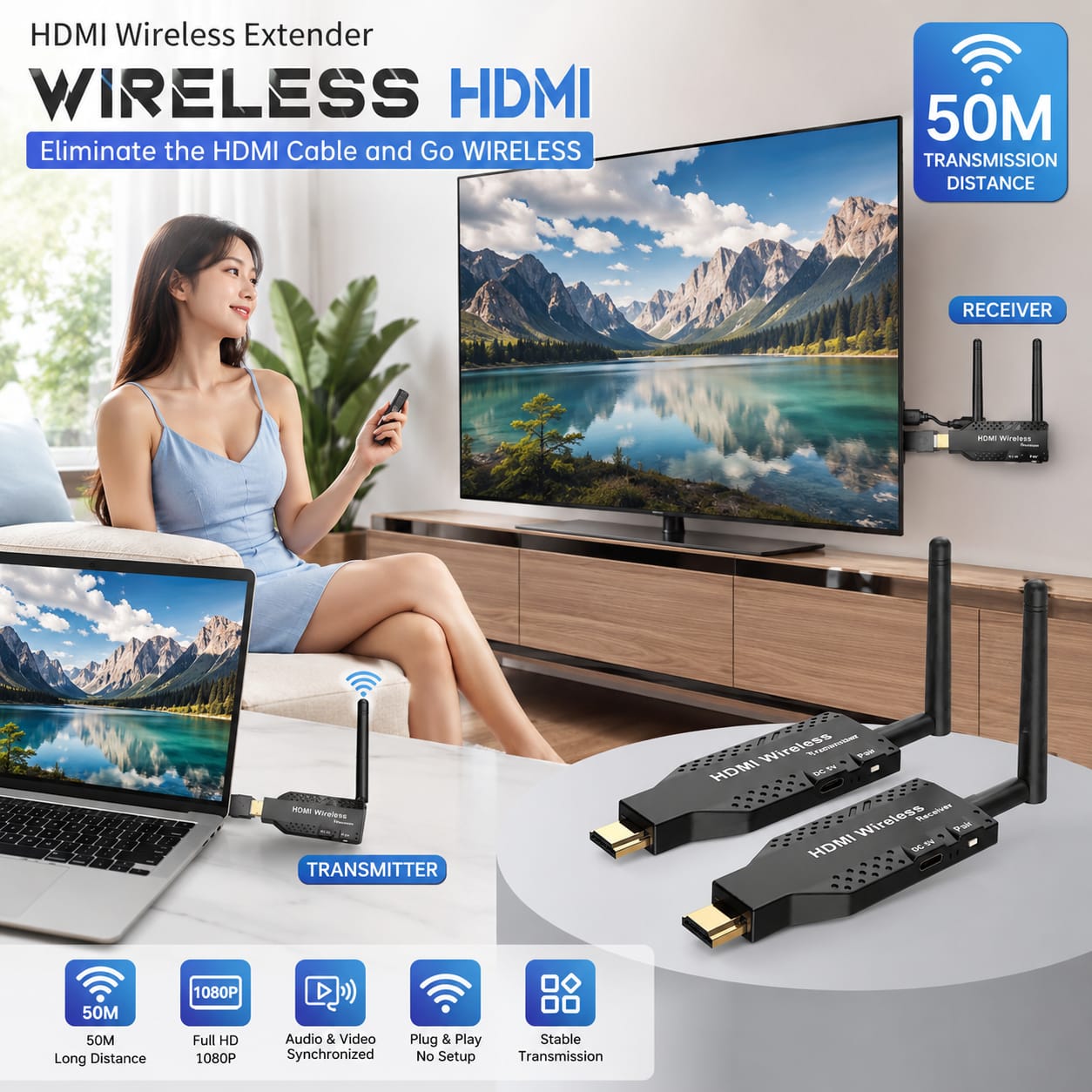 100M/50M WIRELESS HDMI EXTENDER 1080P VIDEO TRANSMITTER RECEIVER  Wireless HDMI Extender 1080P Full HD Video Transmitter & Receiver Kit Wireless HDMI Repeater for TV, Projector Monitor, PC Laptop, Camera & Gaming Console, Long Range HDMI Signal Transmiss