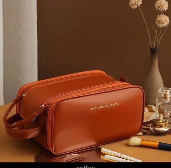 Luxury Cosmetic Organizer Travel Bag for Women – Large Capacity PU Leather  Makeup Pouch with Zipper & Handle | Elegant Portable Makeup Storage Case | Waterproof Beauty Organizer Toiletry Bag |  Cosmetic Brush Kit