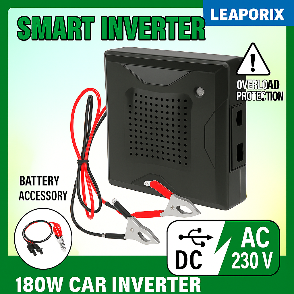 LEAPORIX 180W Smart Power Inverter Mini UPS | DC 12V to AC 220V Converter with USB | Overload & Short Circuit Protection | Ideal for Home, Car & Solar Backup