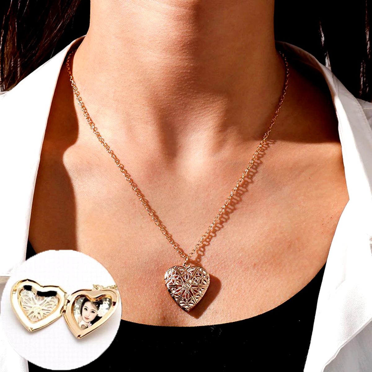 Photo Frame Pendant Necklace Snake Chain For Woman Hollow Engraved Opening & Closing Shape Locket