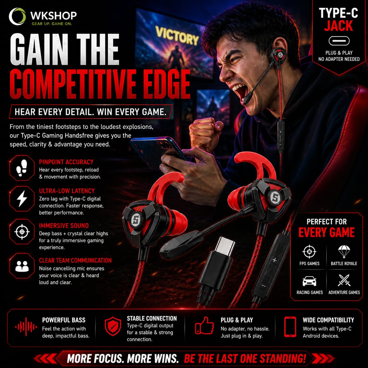 Gaming Handsfree For PUBG Free Fire Call Of Duty Mobile | Noise Cancelling Mic | Deep Bass HD Stereo Sound | Low Latency Wired Gaming Earphones | 3.5mm & Type-C Jack Gaming Headset For Android lPhone PC Laptop PS4 PS5 Xbox Tablet | Gaming Earbuds With Mic