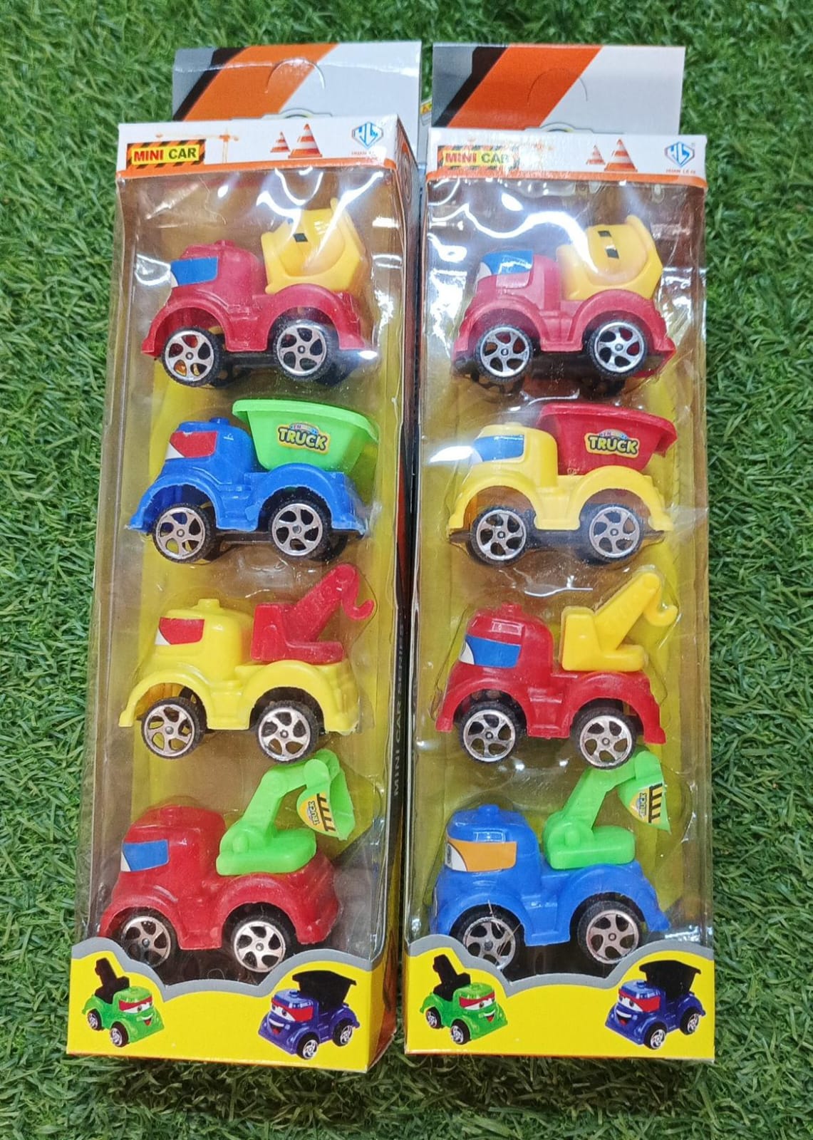 (PACK OF 04) CONSTRUCTION VEHICLES DUMPER - MIXER - DIGGER - LOADER - TRUCK SET WITH BOX TOY FOR KIDS MANUAL PLASTIC COLOURFUL TOY ENGINEERING CONSTRUCTION VEHICLES- CITY BUILDING MINI CAR TOYS (AIZAL MALL)