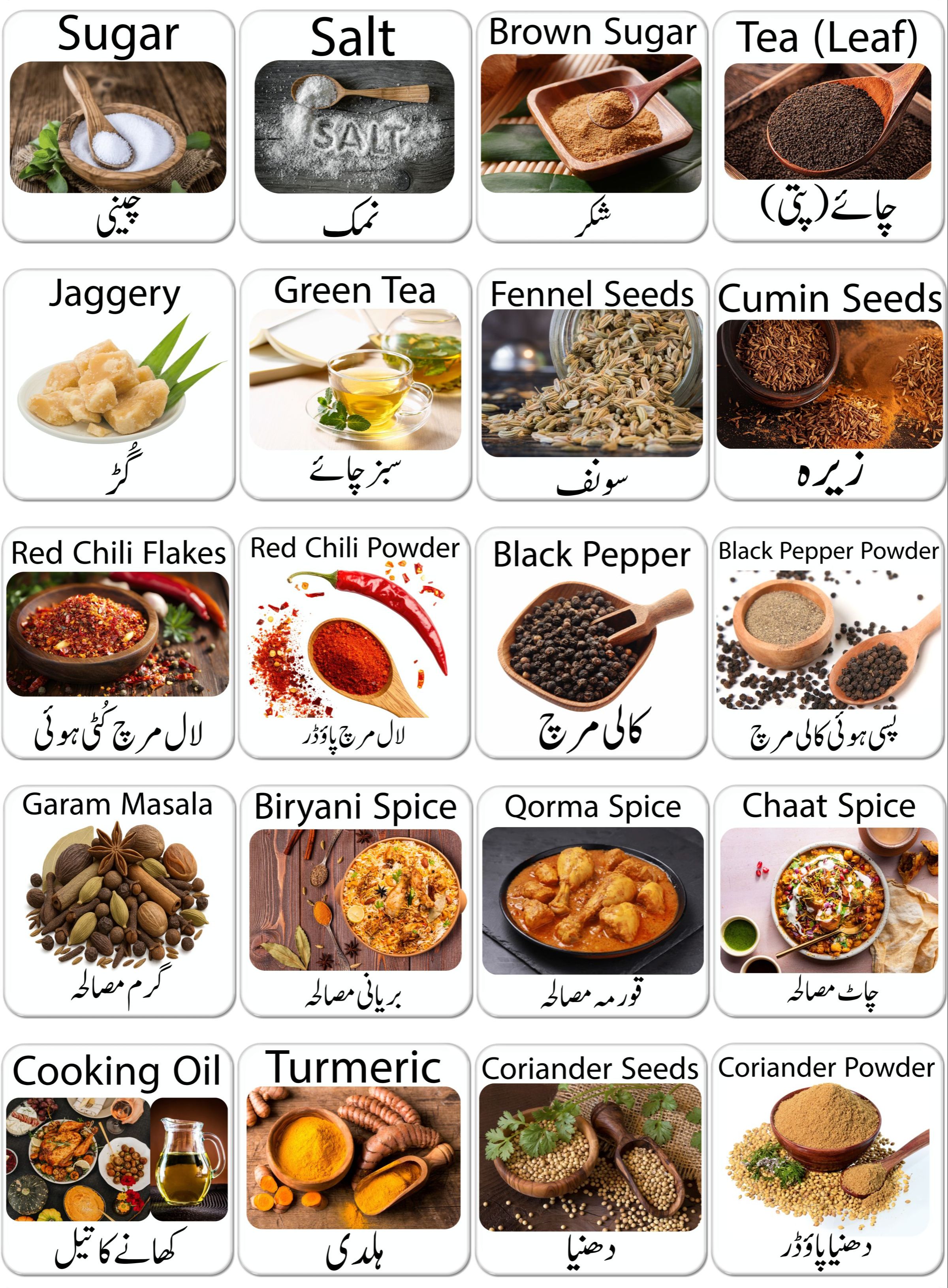 Jar Labels Urdu & English with Colorful Pictures - 20 Pcs Big Size Square Shape - 2 inches - Easily Peel able and Applicable Jar Stickers - Tags - Kitchen Accessories