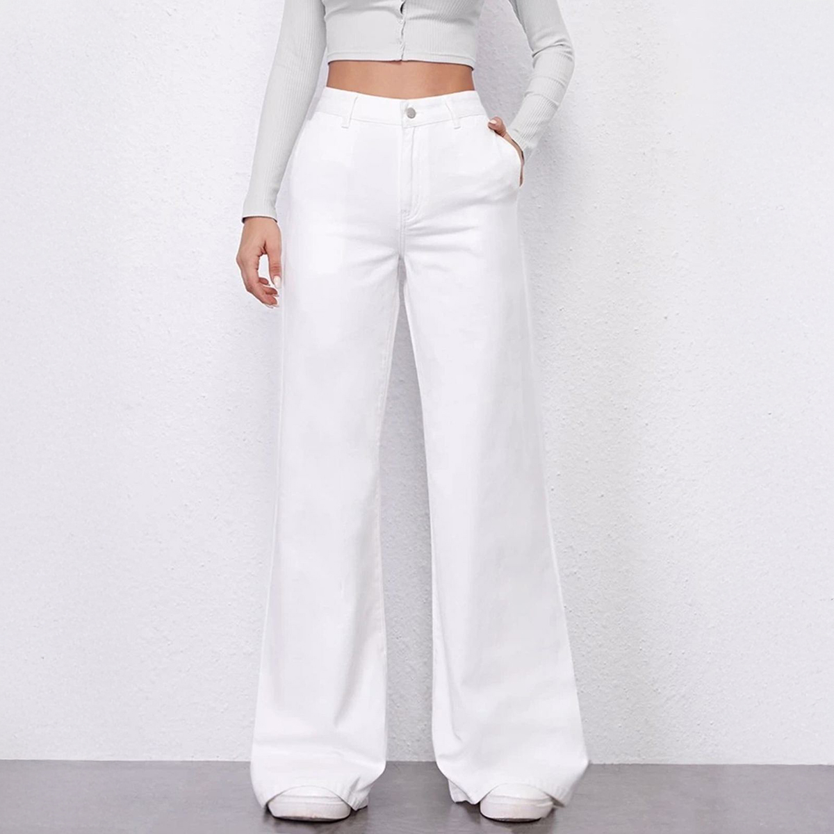 High Waist White Wide Leg Denim Jeans for Women/Girls – Stylish Flared Cut, Ideal for Casual & Outdoor, Multiple Sizes