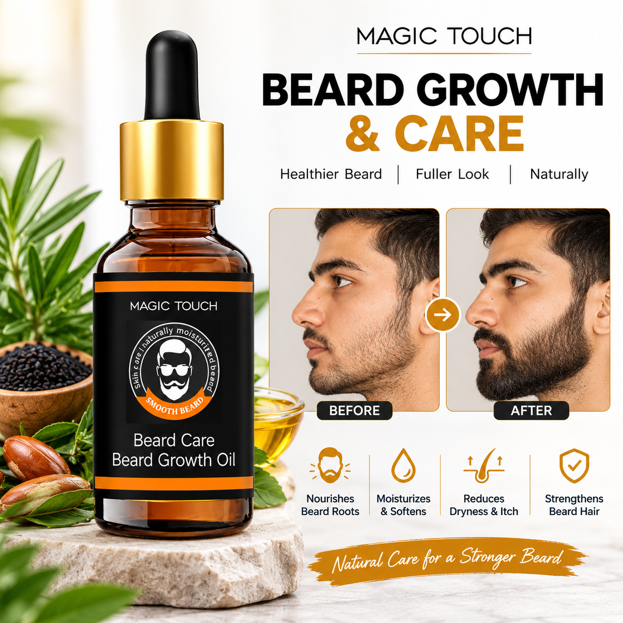 Magic Touch Beard Growth Oil with Derma Roller | Beard Growth Guaranteed | 3x Faster Growth with Argan | Patchy Beard | Softness | Shine | 30ml