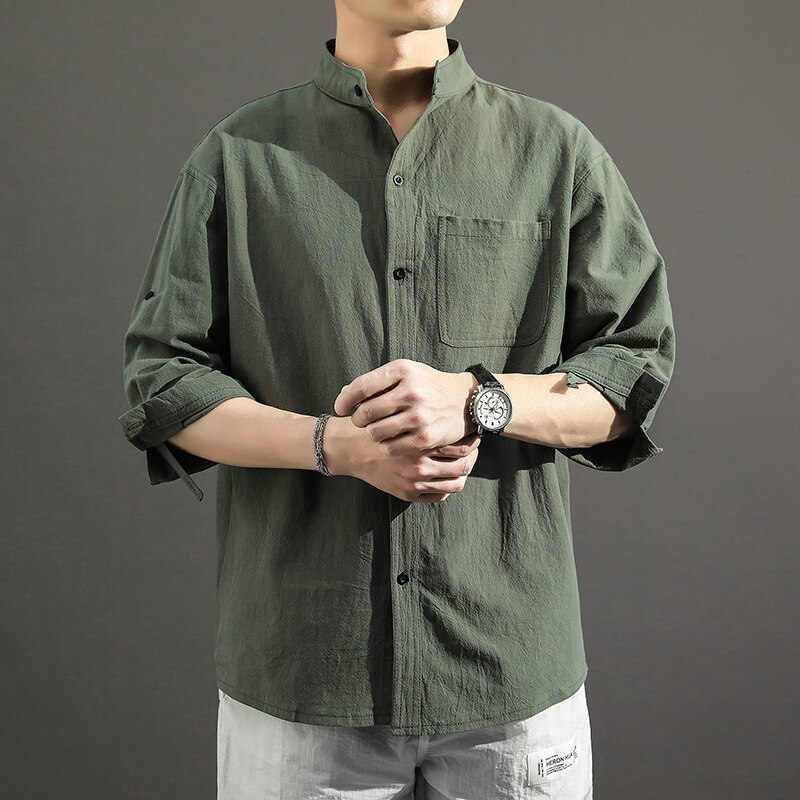2022 New Black Cotton Linen Shirt Men 3 