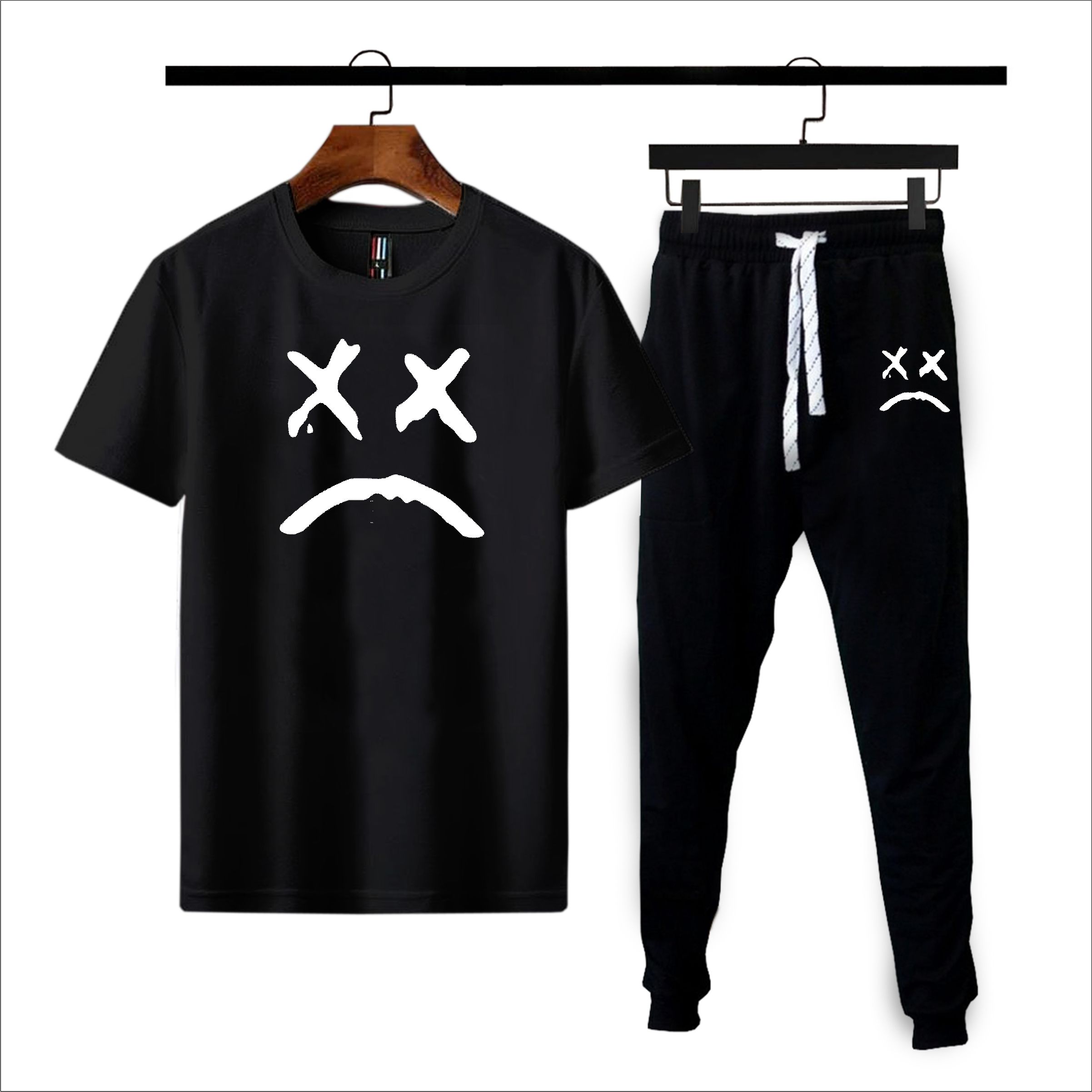 Black Sad face printed Summer Tracksuit For Men & Boys - Soft & Comfortable Fabric T Shirt & Trouser Printed Tracksuit