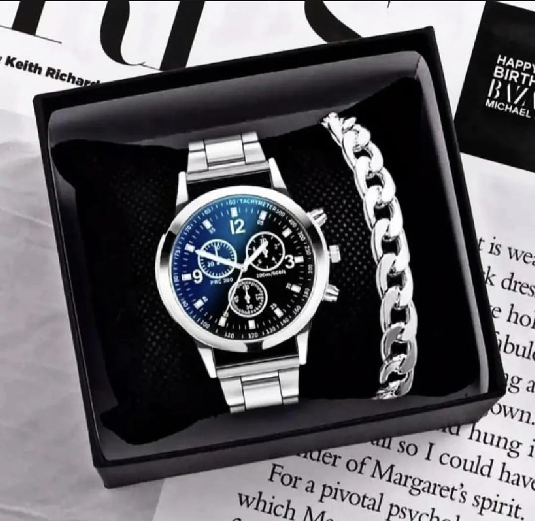 Premium Men’s Luxury steel straps round dial watches hand watch-silver watch- men watches-watch for boys-watch for men-watch for kids-watch for young's-watch for boys + Bracelet + With Chain+Ring -High Quality stylish-branded-watch Best  for Gift