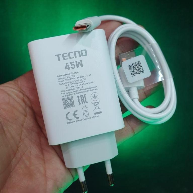 Original TECNO 45W Charger POVA 4 Pro And POVA 5 With Type C Cable & Without Cable Tecno 45 Watt Supercharge Mobile Charger Compatible with Camon, Phantom, Pova Series Tecno 45 Watt Charger