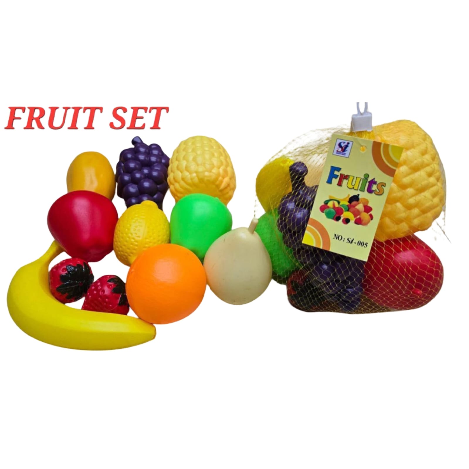 11-Piece Large Artificial Fruits & Vegetables Toy Set for Kids – Learn Fruit Shapes and Colors – Colorful, Premium Quality Plastic, Educational Learning Toy. Donuts set - Burgar set -Kabbabjees  and Pizza set (Aizal Mall)