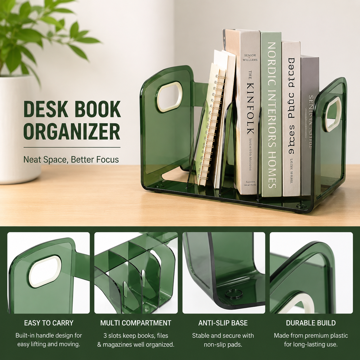 Book Rack Shelf Green Desk Organizer Stylish Storage Desktop - Sleek Transparent Desk Organizer Office Desktop Bookshelf - Storage Rack For Document and Book Casing