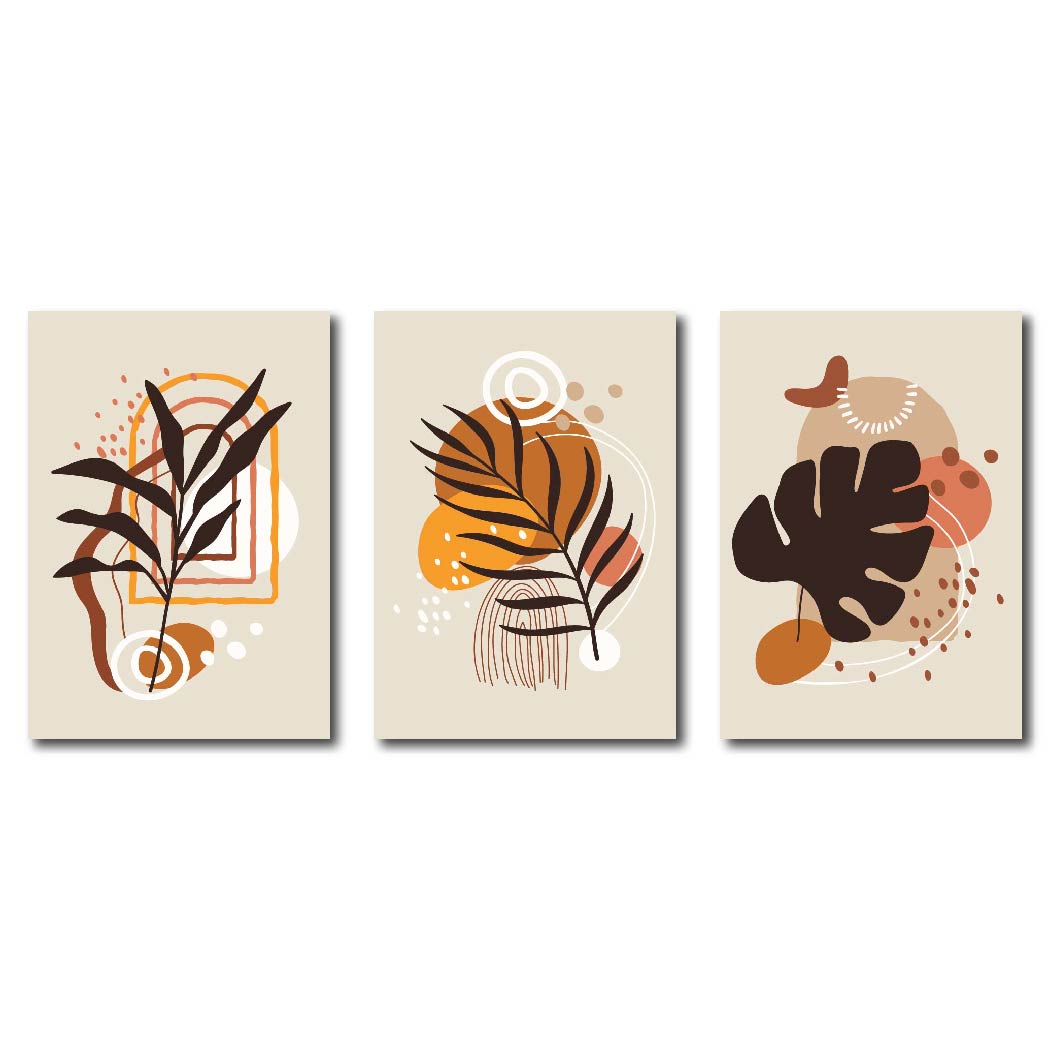 Set of 3 Abstract Art Wooden Sticky Phototiles | Premium Frame Set for Wall Decoration | Modern Room Decor Hanging Items for Home, Office & Bedroom