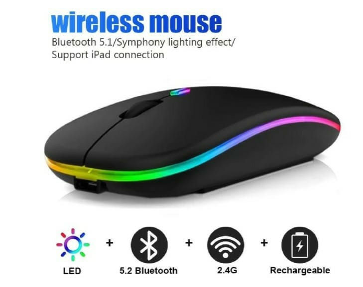 Hp Rechargeable RGB Wireless Bluetooth Mouse - Slim & Silent 7 Colours LED Lights-Transparent & Black Body-Dual Mode 2.4G & Bluetooth-Rechargeable Portable Optical Office Mouse With USB Receiver-3 Adjustable DPI Levels for Notebook, PC,Laptop Original