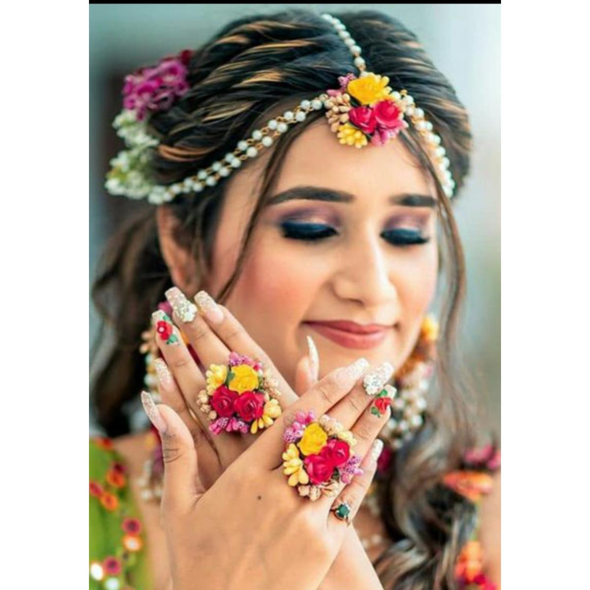 bridal jewellery set, stylish mangtikka with pair of rings , flower jewellery, mehndi accessories, eid collection for girls