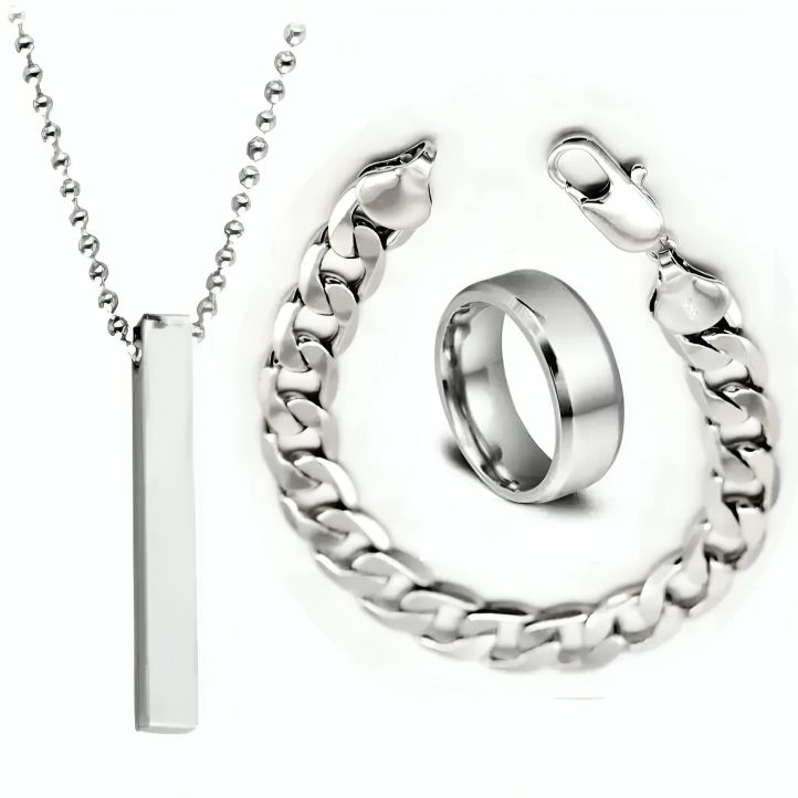3 Piece Fashion Charm Jewelry For Men Best Quality Stainless steel 3D Bar Stick Locket +Stainless steel Titanium Silver Ring +Stainless steel Silver Chain Bracelet For Boys And Men