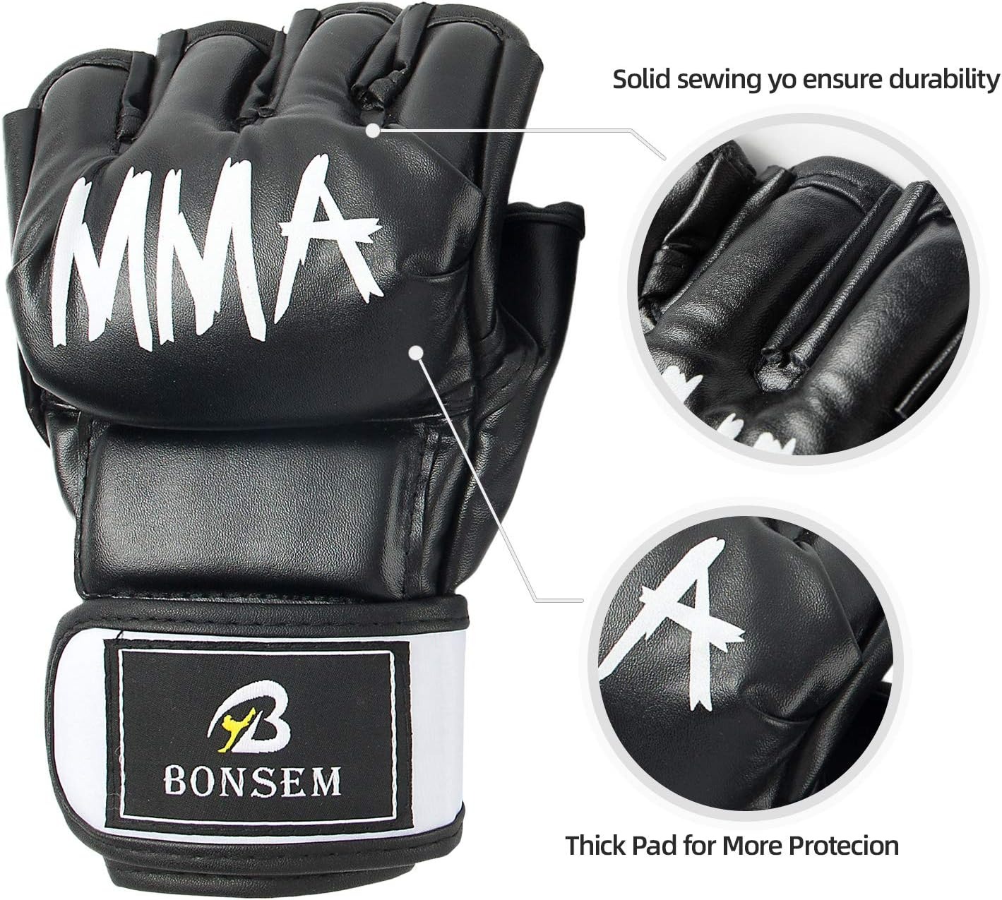 AQEEL-STORE MMA Gloves, Half-Finger Boxing Fight Gloves MMA Mitts with Adjustable Wrist Band UFC Gloves for Sanda Sparring Punching Bag Training (Black)